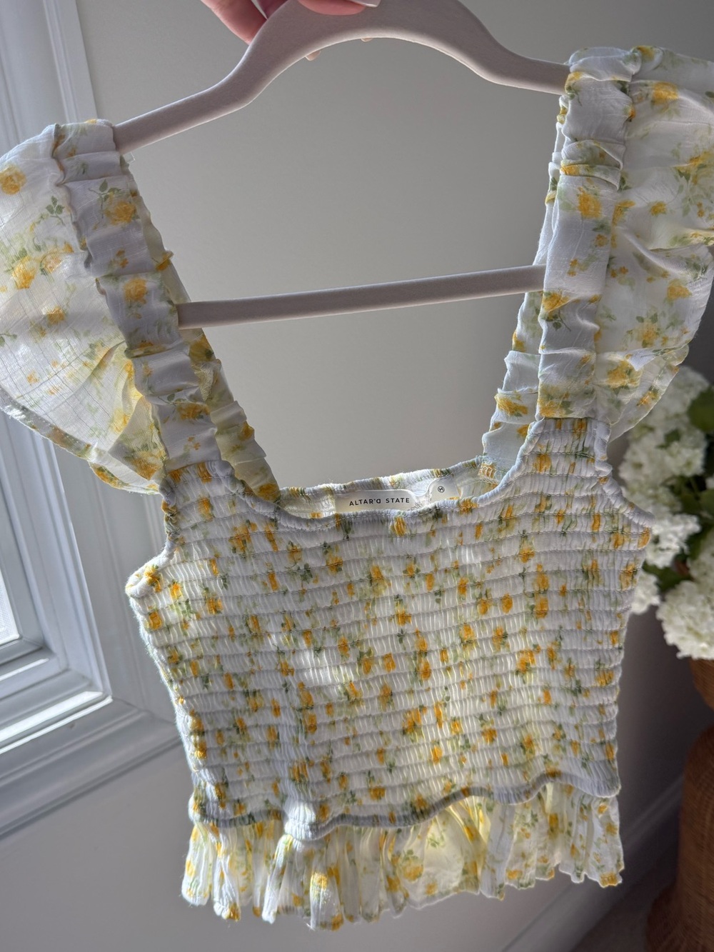 Altar'd State White and Yellow Floral Smocked Ruffle Tank